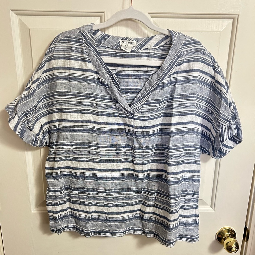 Artisan‎ NY 100% Linen Blue & White Striped V-neck Shirt Size Large